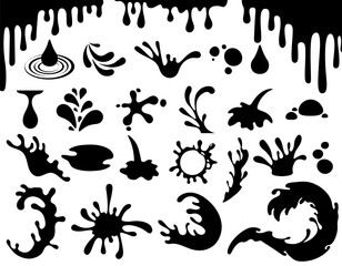 Black silhouettes of liquid splashes, waves, drops set. Ocean or sea splatters and water spray, falling droplets, paint stains collection. Running or dripping water. - 638029621