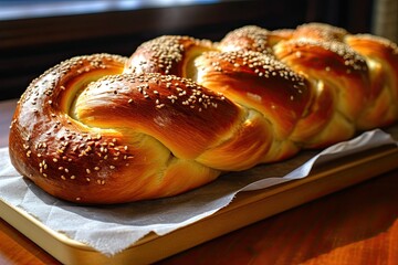 In Jewish cuisine, homemade Challah with a white coating is a well known bread. Eggs, white flour, water, sugar, salt, and yeast are the main ingredients. with pomegranate and sesame seeds