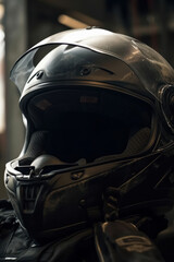 Fototapeta premium Biker helmet on black background. Generative AI.