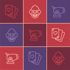 Set line Playing cards, Cannon and Clown head icon. Vector