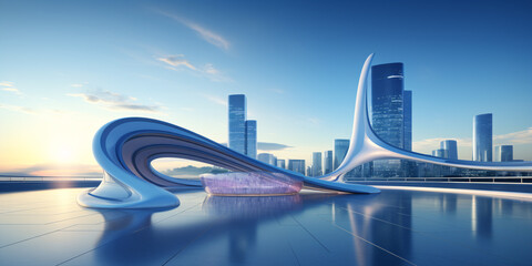 Fototapeta premium Low angle view of futuristic architecture, Skyscraper of office building with curve glass window, 3D