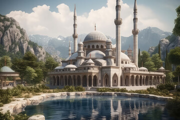 Naklejka premium A warm bright day magic beautiful moschue in mountains and a fountain. Generative ai