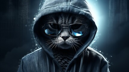 A cat hacker wearing a hoodie on dark abstract background