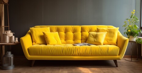 Modern yellow sofa on wooden bed frame