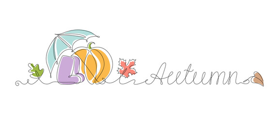 Autumn in one line, color spots. Pumpkin, umbrella, boots. Autumn leaves and lettering.Vector stock illustration.