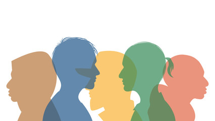 Silhouette group of men of different colors on a white background. International men's day.Diversity concept. Vector stock illustration.