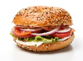 A toasted turkey bagel sandwich isolated