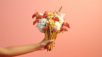 Hand holding a bouquet of french fries with flowers on a pastel background