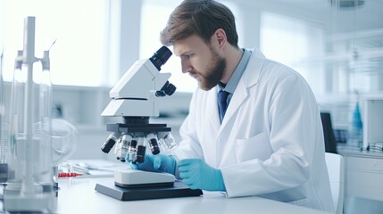 Fototapeta premium samples in advanced scientific laboratory. Medical professional use microscope look microbiological developmental of viral. Biotechnology research in science lab.