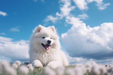 white samoyed dog with sunny cloudy day on background