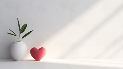 Fond abstrait de saint-valentin pour la présentation de produits. Avec ombres et lumières des fenêtres, avec un cœur rouge et un pot blanc avec une plante, amour, Valentine's Day. - obrazy, fototapety, plakaty