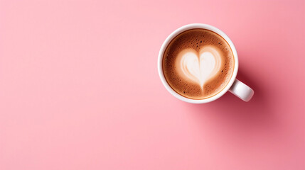 top down picture of a cup of cappuccino on pink background, with space for text - obrazy, fototapety, plakaty
