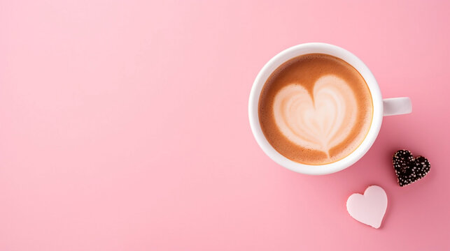 top down image of a cup of coffee with heart on pink background, with space for text