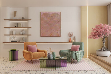 Colorful and vibrant interior designs of living room adorned with cozy furnitrue and beautiful decor, 3d rendering