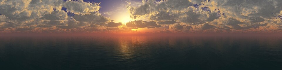 Panorama of sea sunset, ocean sunrise, seascape, 3d rendering
