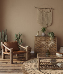Interior design in wabi sabi style on brown clay wall background, 3d rendering  
