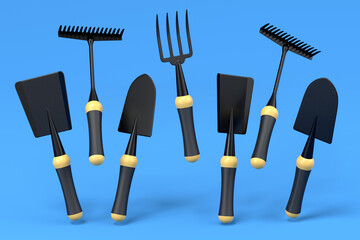 Garden shovel, pitchfork and rake on blue background, summer camping concept