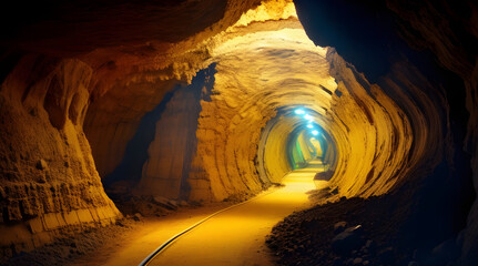underground mining tunnel with lights 