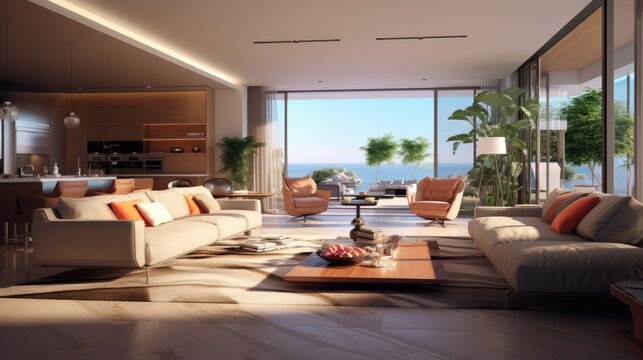 A modern living room with high quality furnishings. The sofa is lightly cushioned and has a view of the balcony. Behind it is a modern kitchen with an island. no one inside