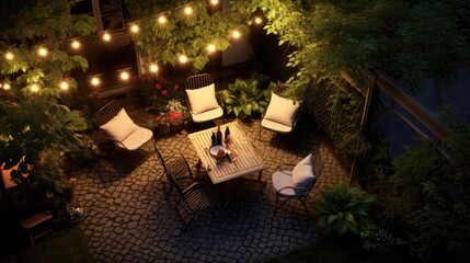 Fototapeta na wymiar A small courtyard surrounded by greenery, gravel on the ground, simple patio furniture, picture from above, string lights, night. Generative AI