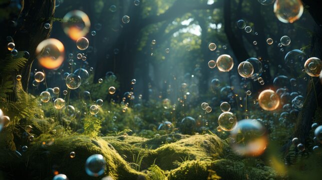 A magical forest filled with floating bubbles