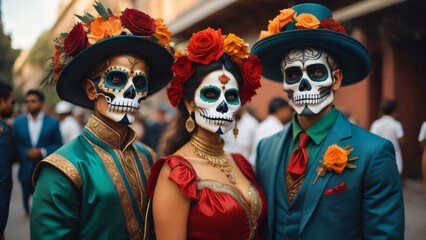 Three Mexicans dressed as "catrines" and "catrinas" for the Day of the Dead in Mexico with Day of the Dead makeup
