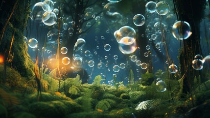 Fototapeta na wymiar A magical forest filled with floating bubbles