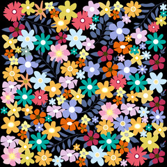 Fondo floral con flores de colores sobre negro.