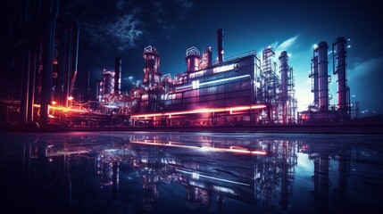 A brightly illuminated industrial factory at night