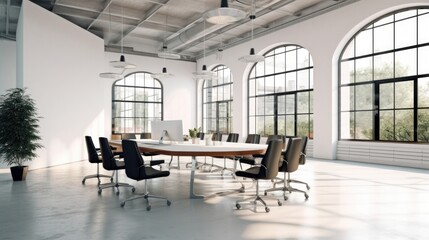 a conference table in an empty office with a white wall in front of a big window. new office design concept