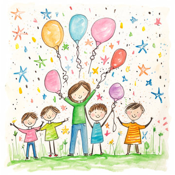 children's drawing of a friendly and happy family. Illustration in the style of happy family drawings