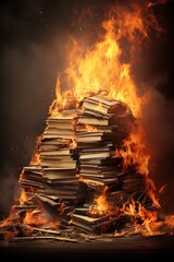 Banned books concept. A pile of books burning.