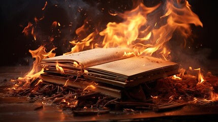 Banned books concept. A pile of books burning. - 638037036