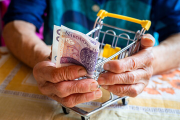 A Polish pensioner holds a thumbnail of an empty shopping trolley and 20 Polish zlotys in her hands, The concept of low pensions in Poland and rising food and fees - obrazy, fototapety, plakaty