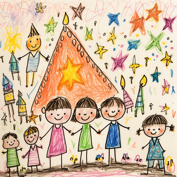 children's drawing of a friendly and happy family. Illustration in the style of happy family drawings