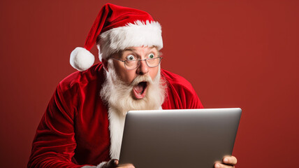 Surprised Santa Claus looks at tab at his hands on a red background. AI generated