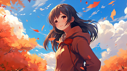 hand drawn cartoon illustration of cute girl in autumn
