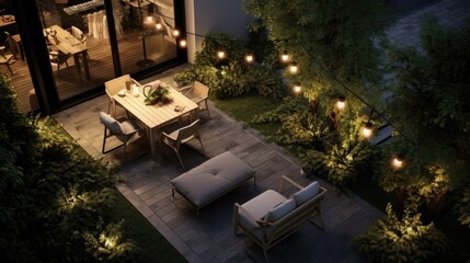 A small courtyard surrounded by greenery, gravel on the ground, simple patio furniture, picture from above, string lights, night. Generative AI