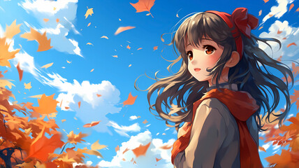 Obraz na płótnie Canvas hand drawn cartoon illustration of cute girl in autumn 