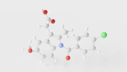 indometacin molecule 3d, molecular structure, ball and stick model, structural chemical formula anti-inflammatory drug