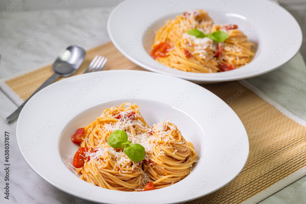 Wall mural spaghetti with tomatoes, basil and parmesan cheese