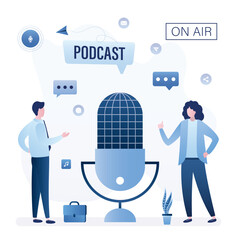 People talking near giant mic. Radio host at workplace. Podcaster or blogger talking with guest. Media characters create media content. Broadcaster at workspace. Live stream.