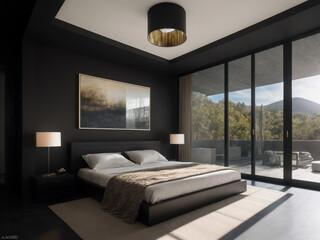 Fototapeta premium Spacious villa Interior dark modernism, sheer and opaque, nature inspired, mood lighting, linear elegance, metallic finishes. 