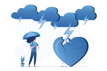 Rainy day, lightning breaks through heart. Family problems, negative emotions of woman from conflict with partner. Breakdown of family relationships.