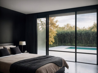 Spacious villa Interior dark modernism, sheer and opaque, nature inspired, mood lighting, linear elegance, metallic finishes. 