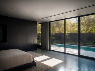 Spacious villa Interior dark modernism, sheer and opaque, nature inspired, mood lighting, linear elegance, metallic finishes. 