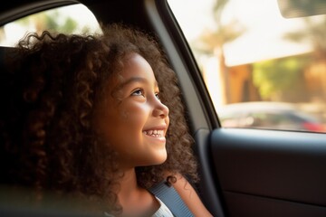 Fototapeta na wymiar smiling hispanic girl looking out of a car window