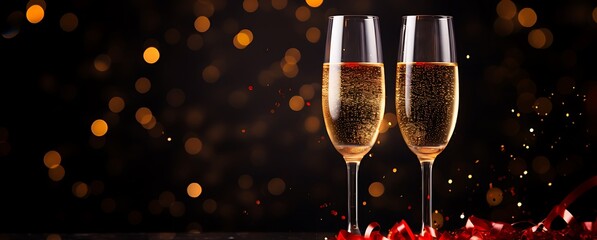 Glasses of champagne with ribbons and confetti on bokeh background