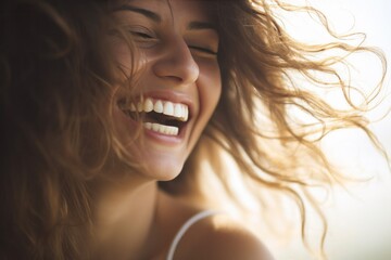 laughing woman with messy hair, close up
