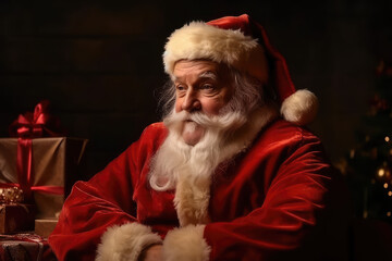 Real Santa Claus in a red suit and Santa hat looking at the camera and laughing on the background of a Christmas tree. Generative AI.